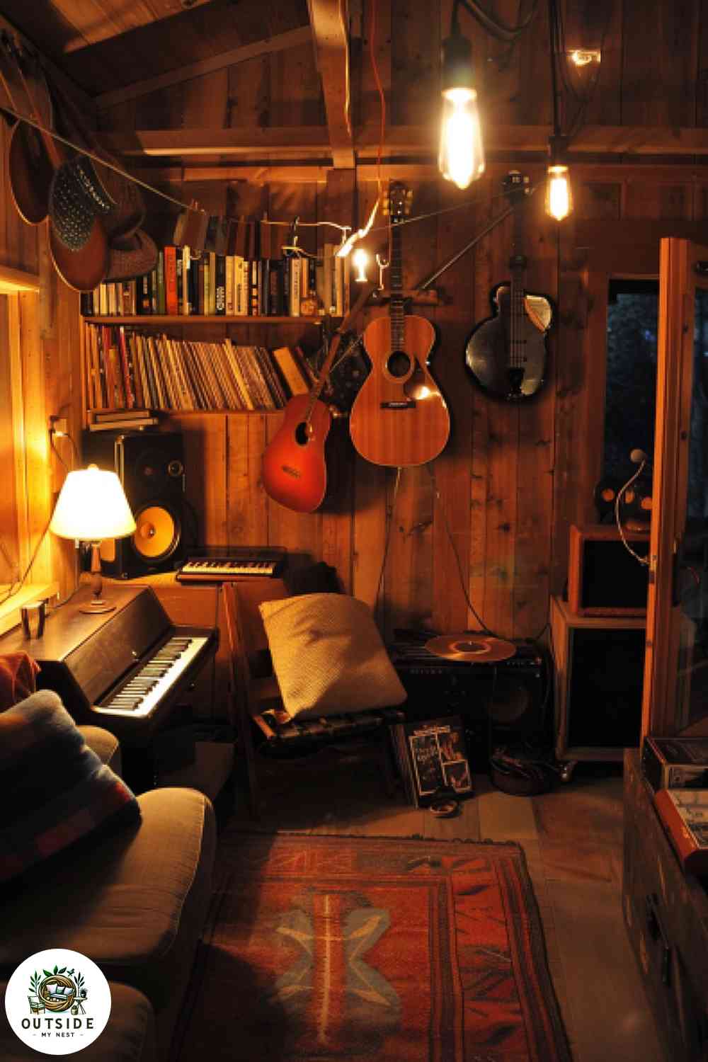Musician's hideaway she shed with instruments and vinyl records