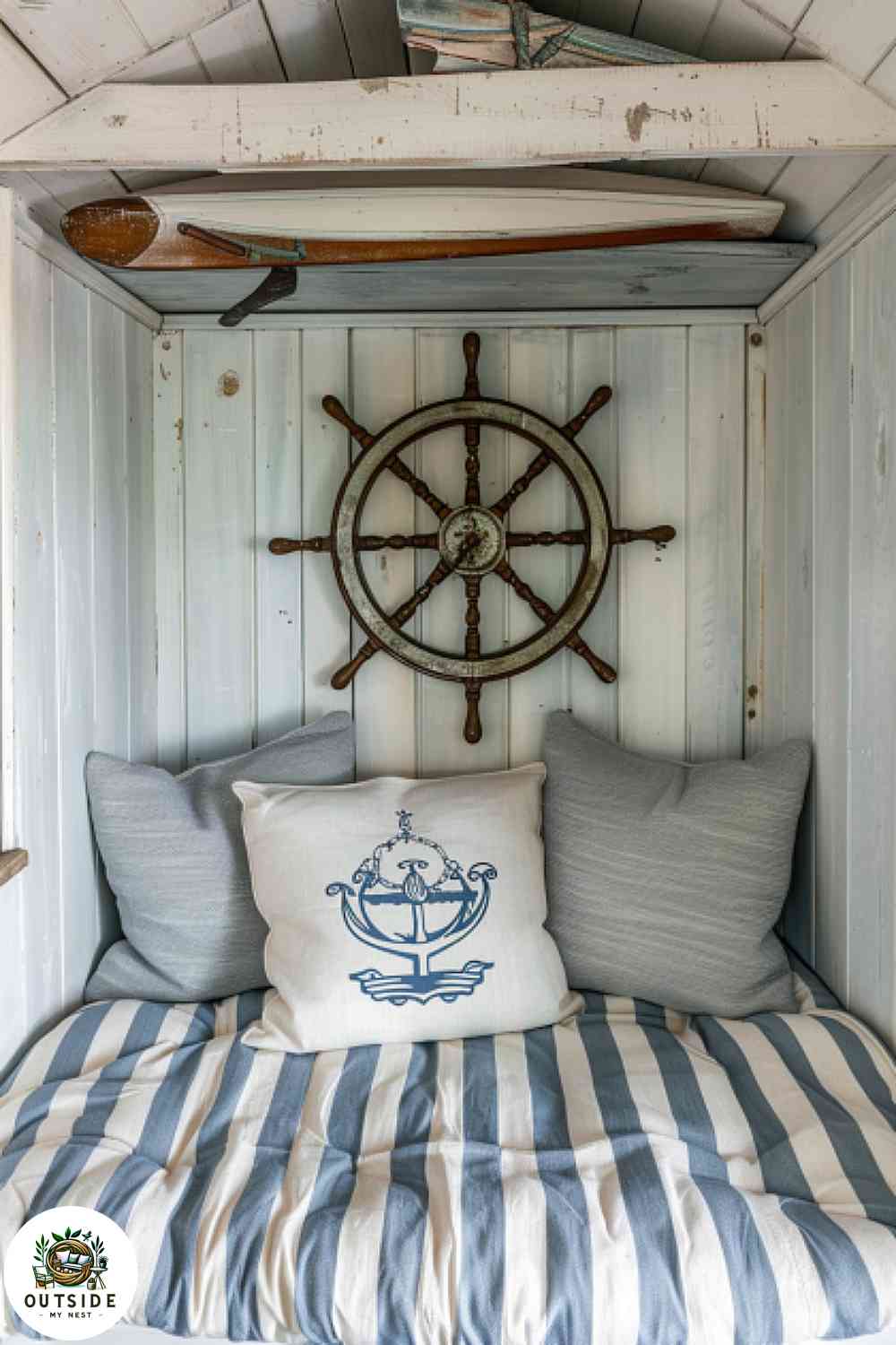 Nautical nook in a she shed for coastal getaways.