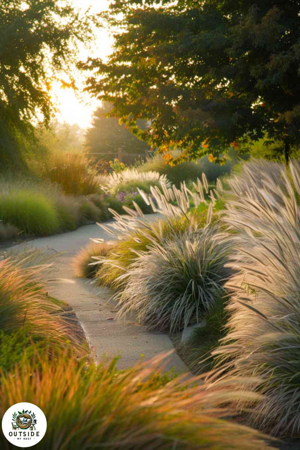 Garden feature with ornamental grasses