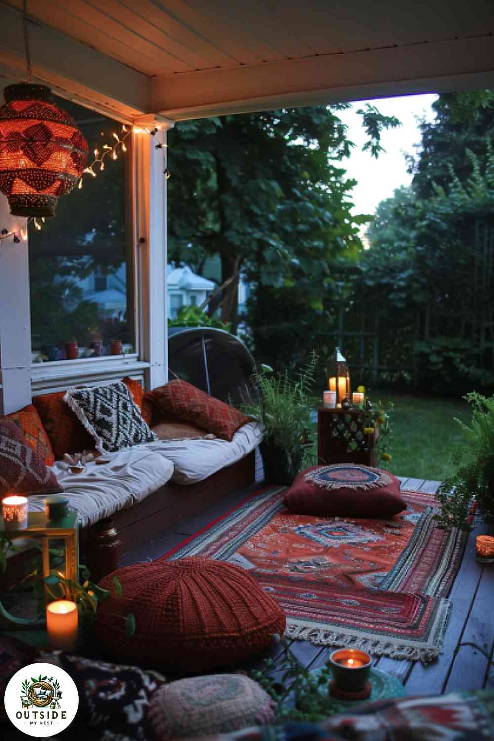Outdoor Boho rug area on back porch