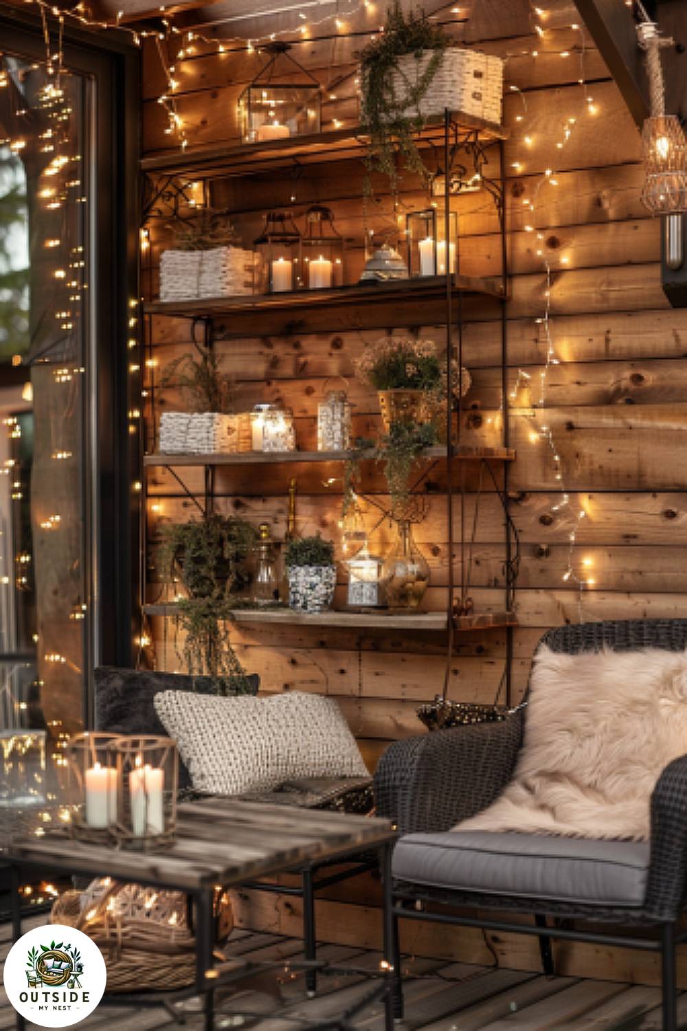 Outdoor wall shelves on a wooden patio wall with decorative items and fairy lights