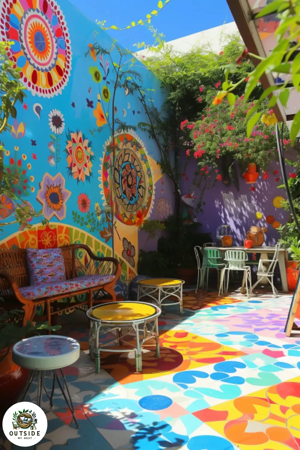 Patio with painted cement floor and colorful wall mural