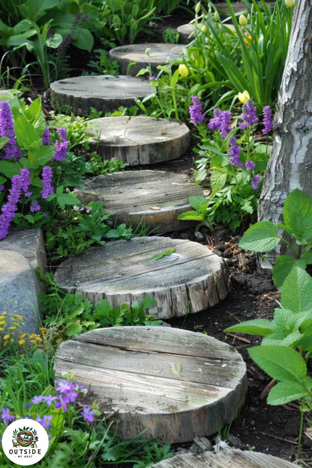Pallet wood stepping stones in rustic garden
