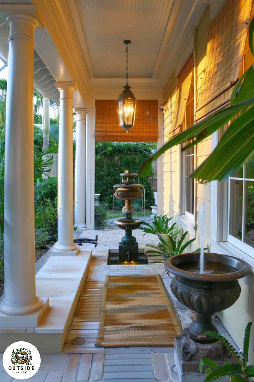 Peaceful water fountain porch retreat