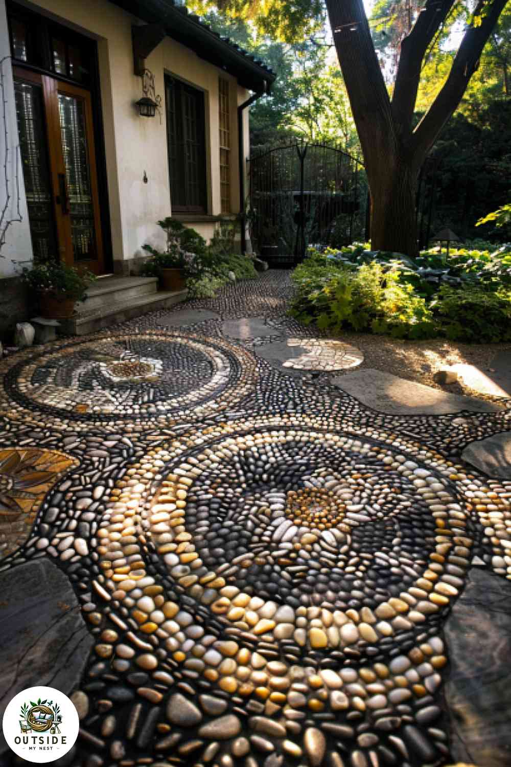 Pebble mosaic stepping stones in courtyard