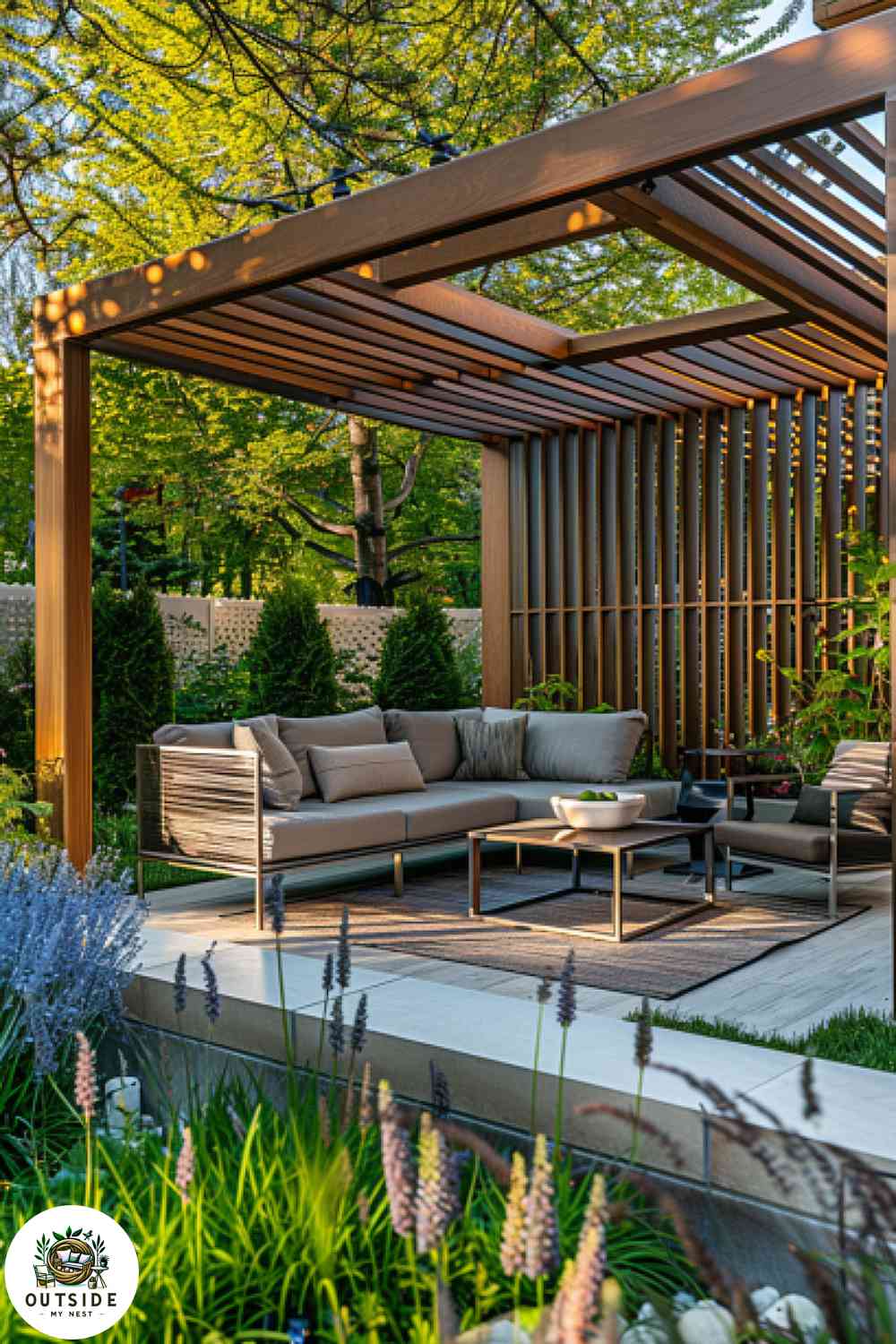 Pergola with detachable walls and cozy furnishings.