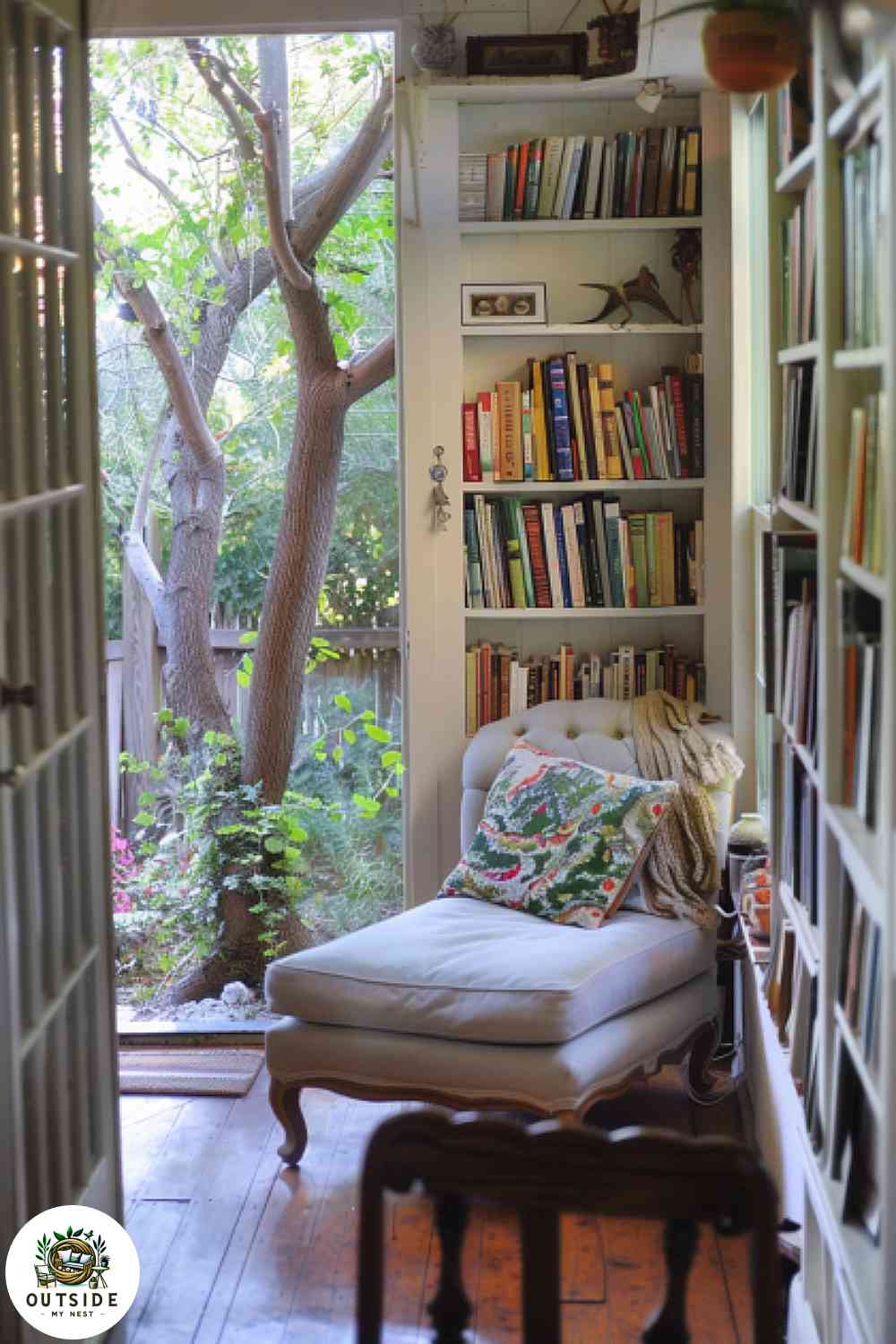 Back porch with a kid-friendly mini library