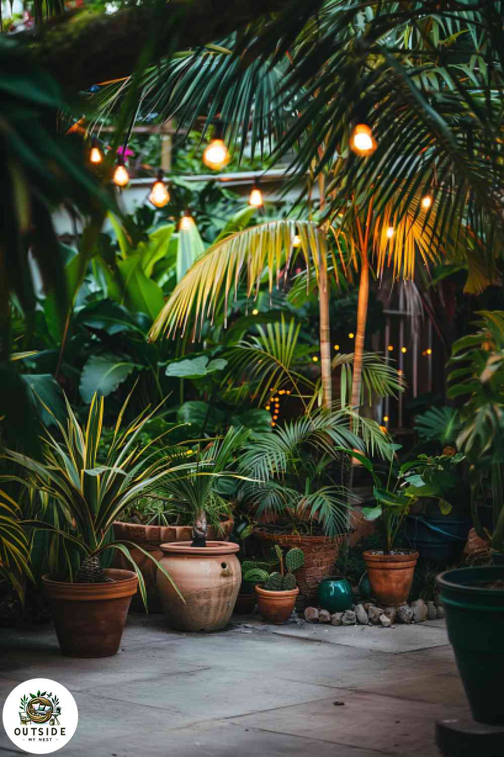 Potted plant cluster in a boho garden corner