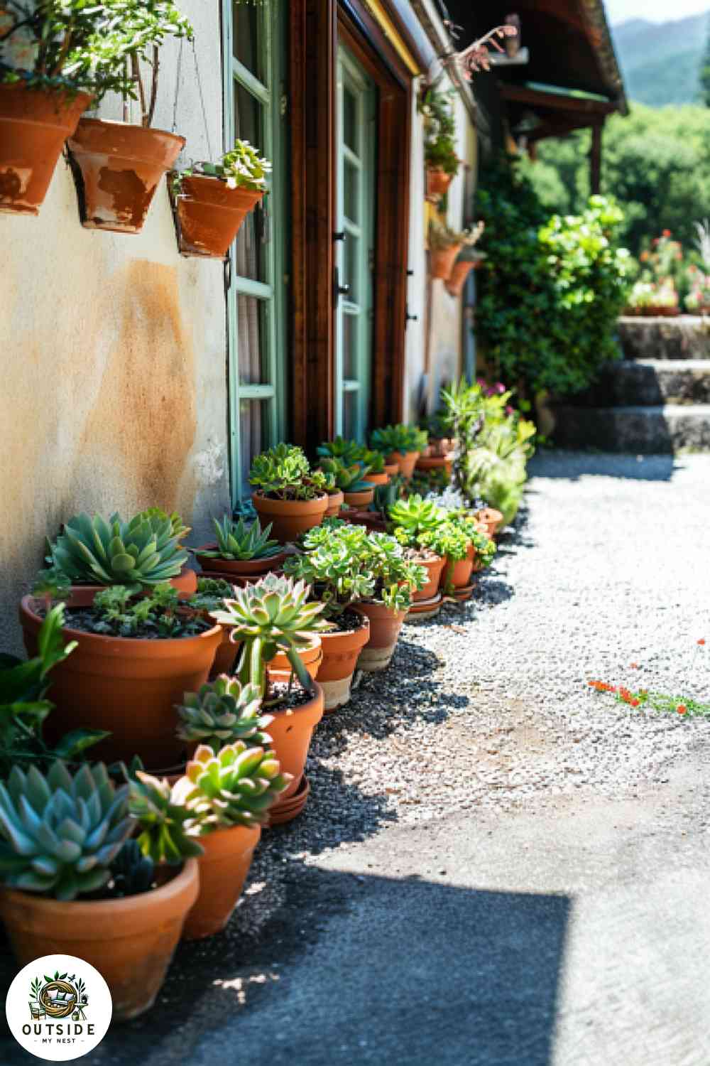 Patio with potted succulent display