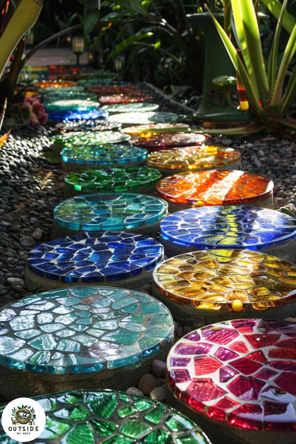Recycled glass stepping stones in garden