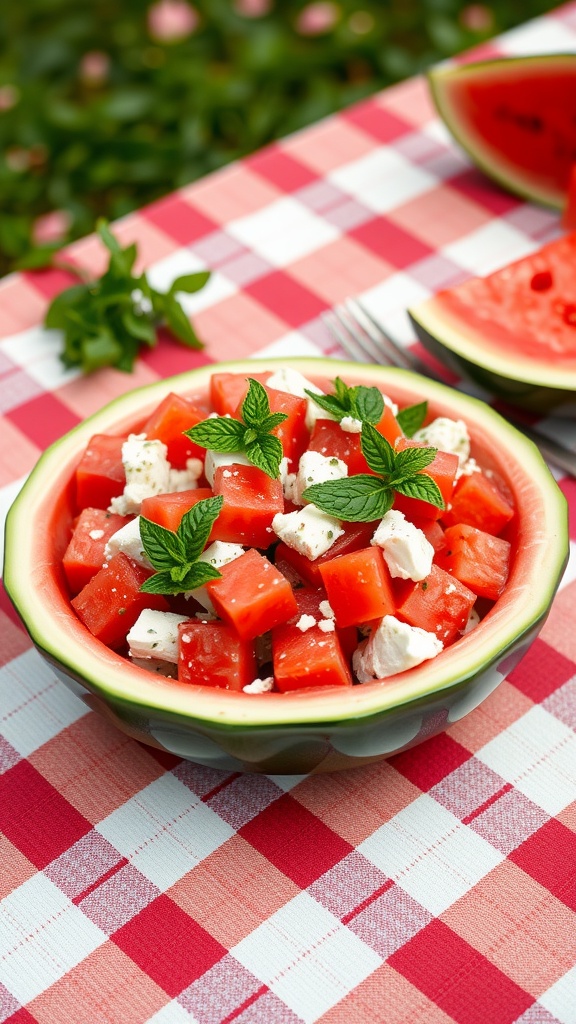 A colorful bowl of watermelon and feta salad garnished with mint leaves.