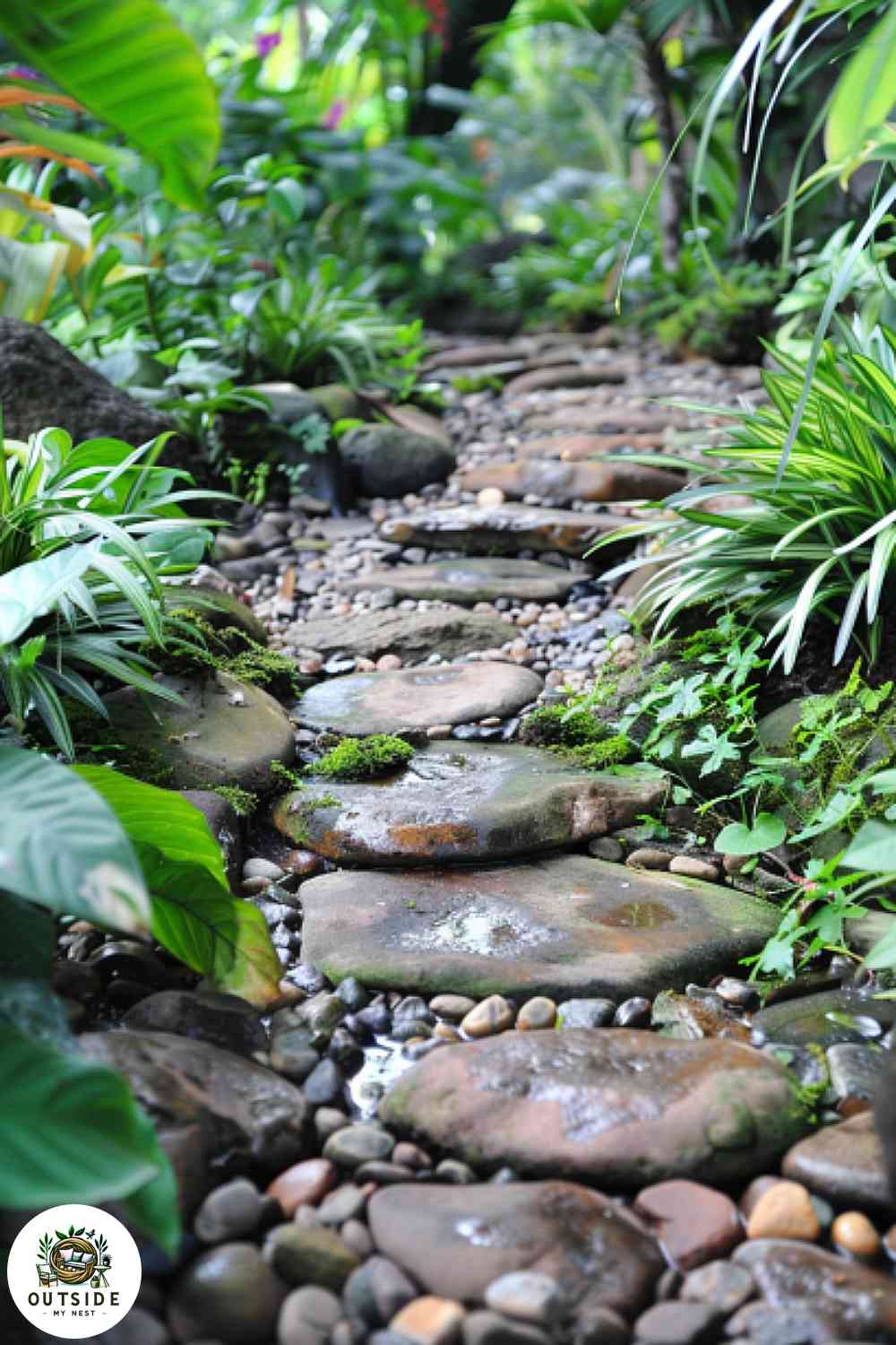 River rock stepping stones among greenery