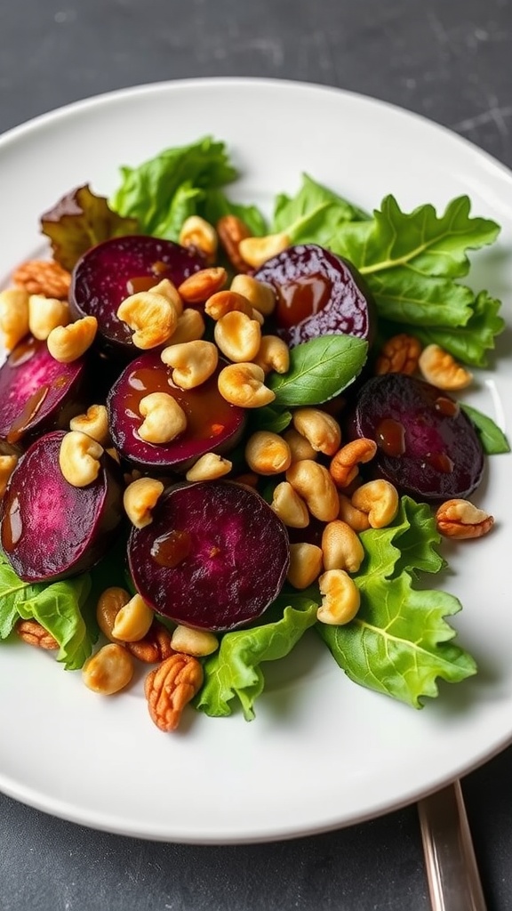 A vibrant roasted beet salad topped with cashews and pecans on a plate.