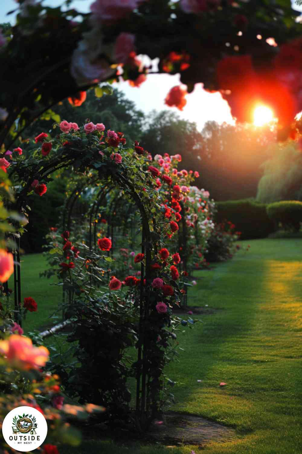 Romantic rose garden with arched trellises