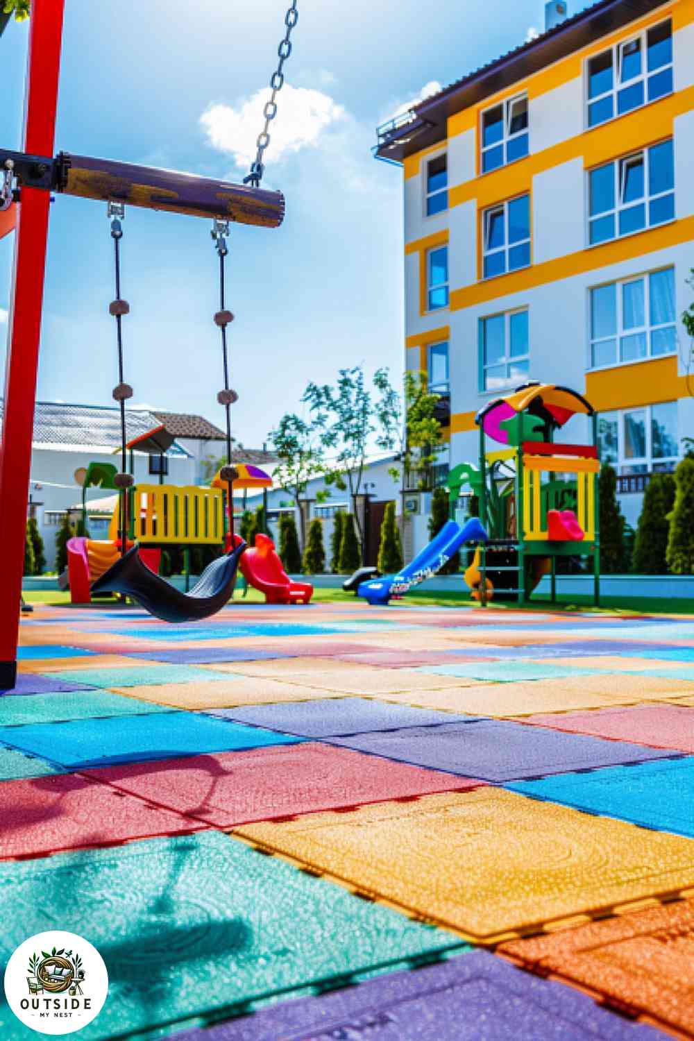 Patio with colorful rubber interlocking tiles