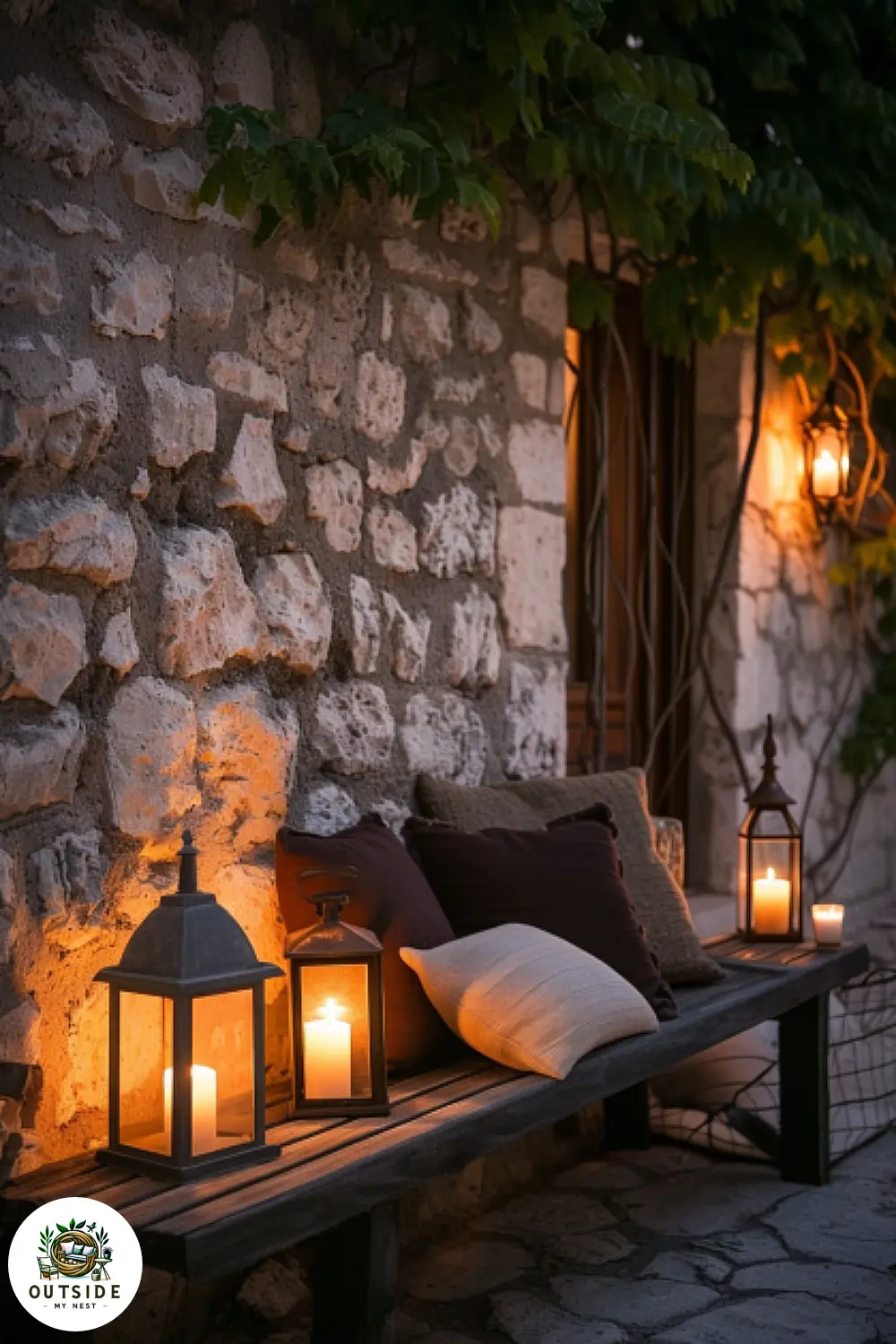 Rustic lanterns with candles on patio wall