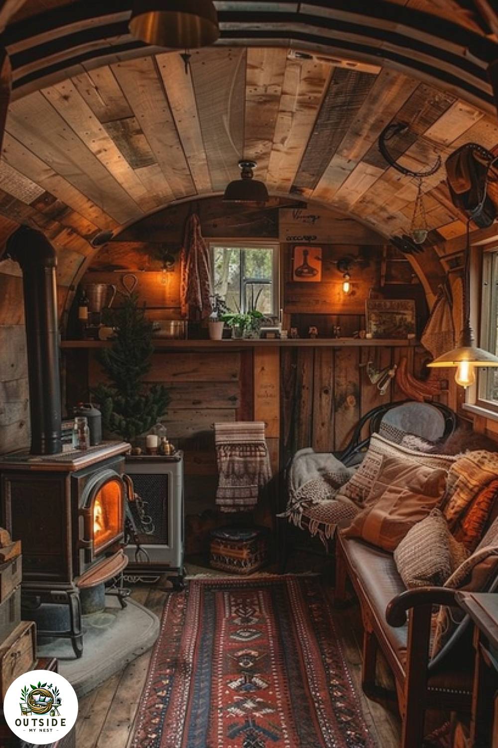 Rustic she shed interior with cozy fireplace