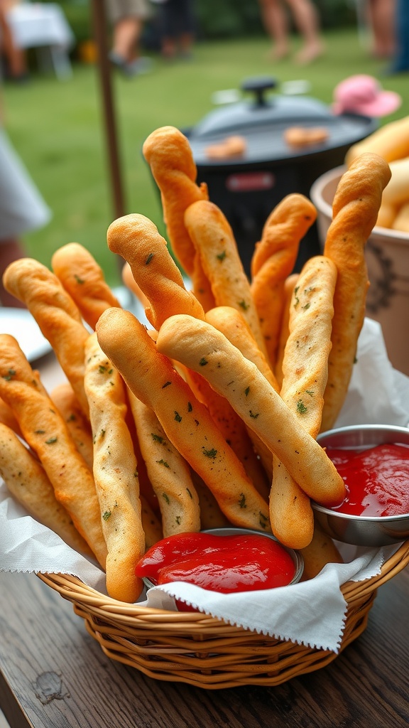 Savory garlic breadsticks served with a dipping sauce.