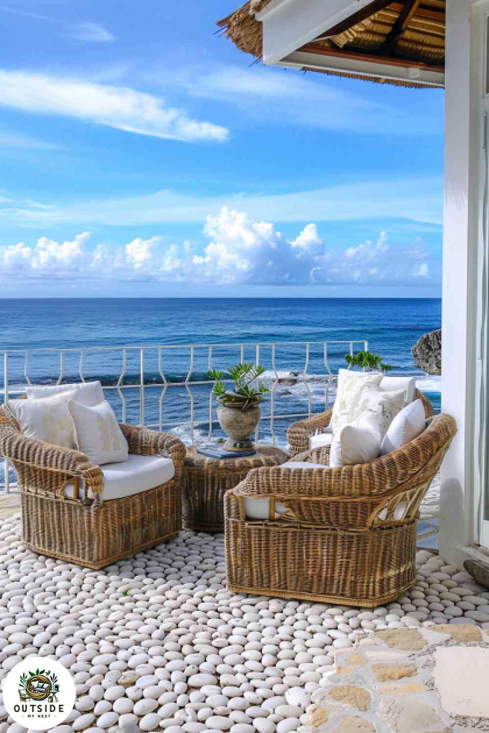 White pebble patio tiles, ocean view, nautical decor, wicker furniture