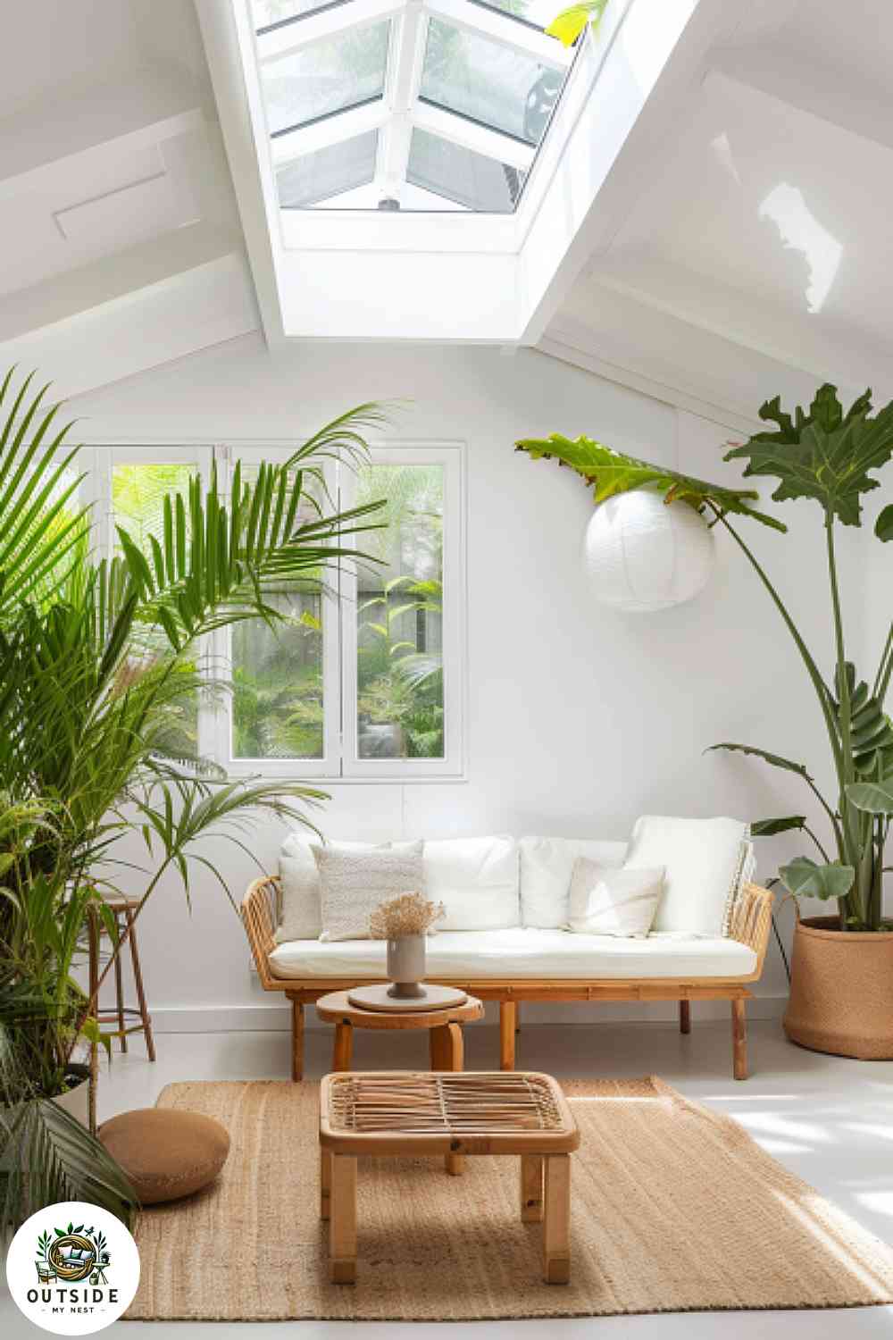 Skylight reading spot in a she shed with plush seating.