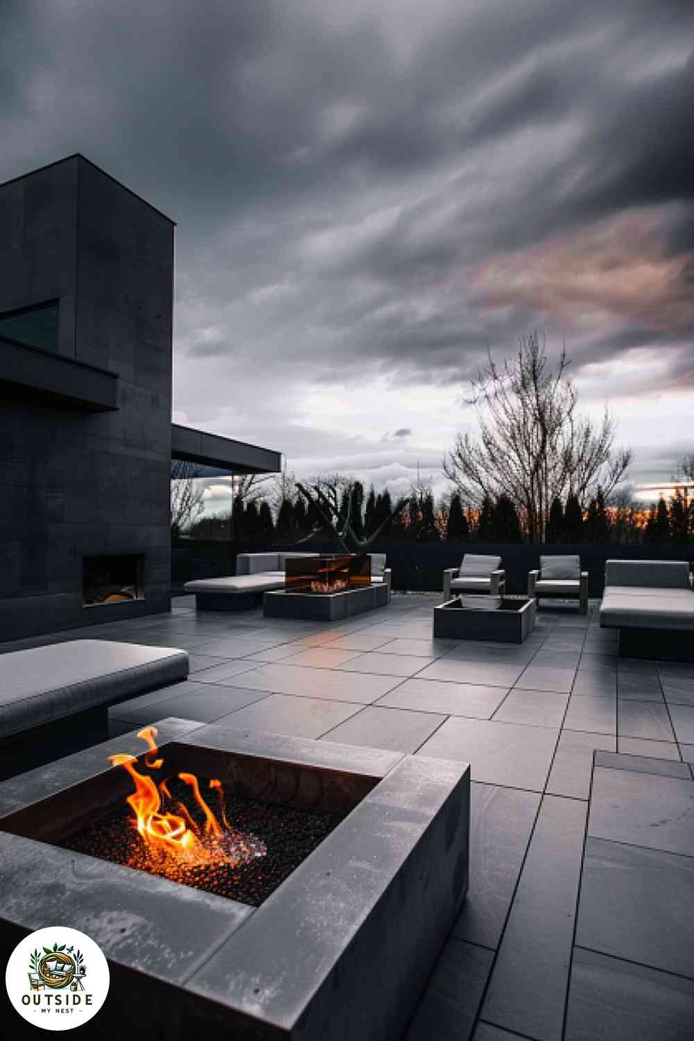Slate tile on an outdoor patio with a modern minimalist design