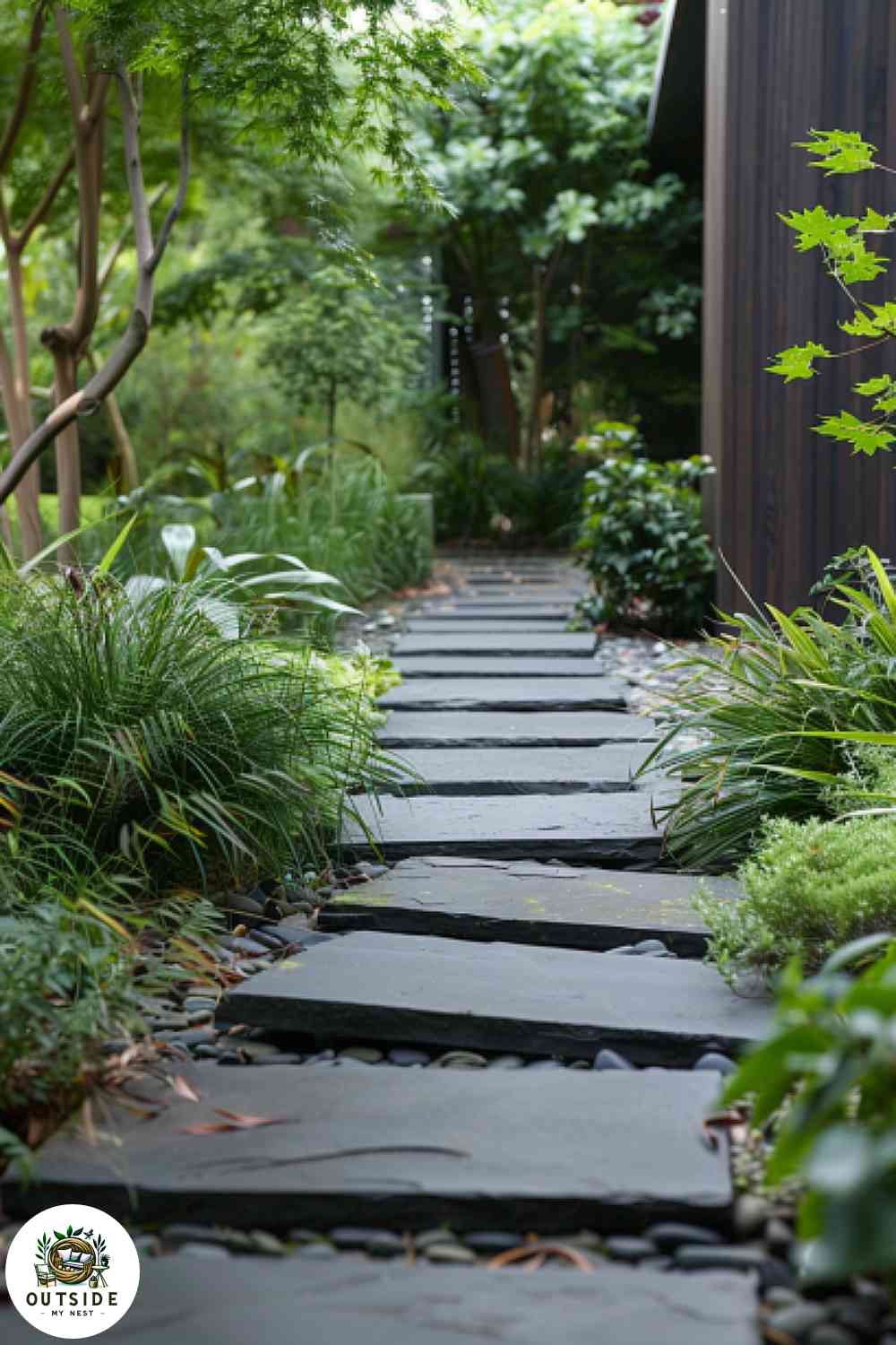 Slate tile stepping stones in garden
