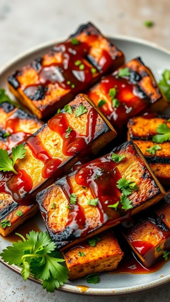 Smoky grilled tofu steaks drizzled with sauce and garnished with herbs.
