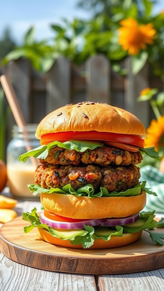 A stack of smoky lentil and bean burgers with fresh toppings on a wooden board.