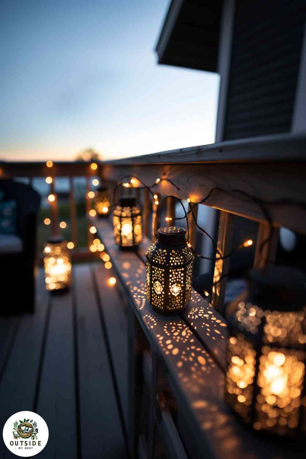 Outdoor deck illuminated by solar lanterns and fairy lights