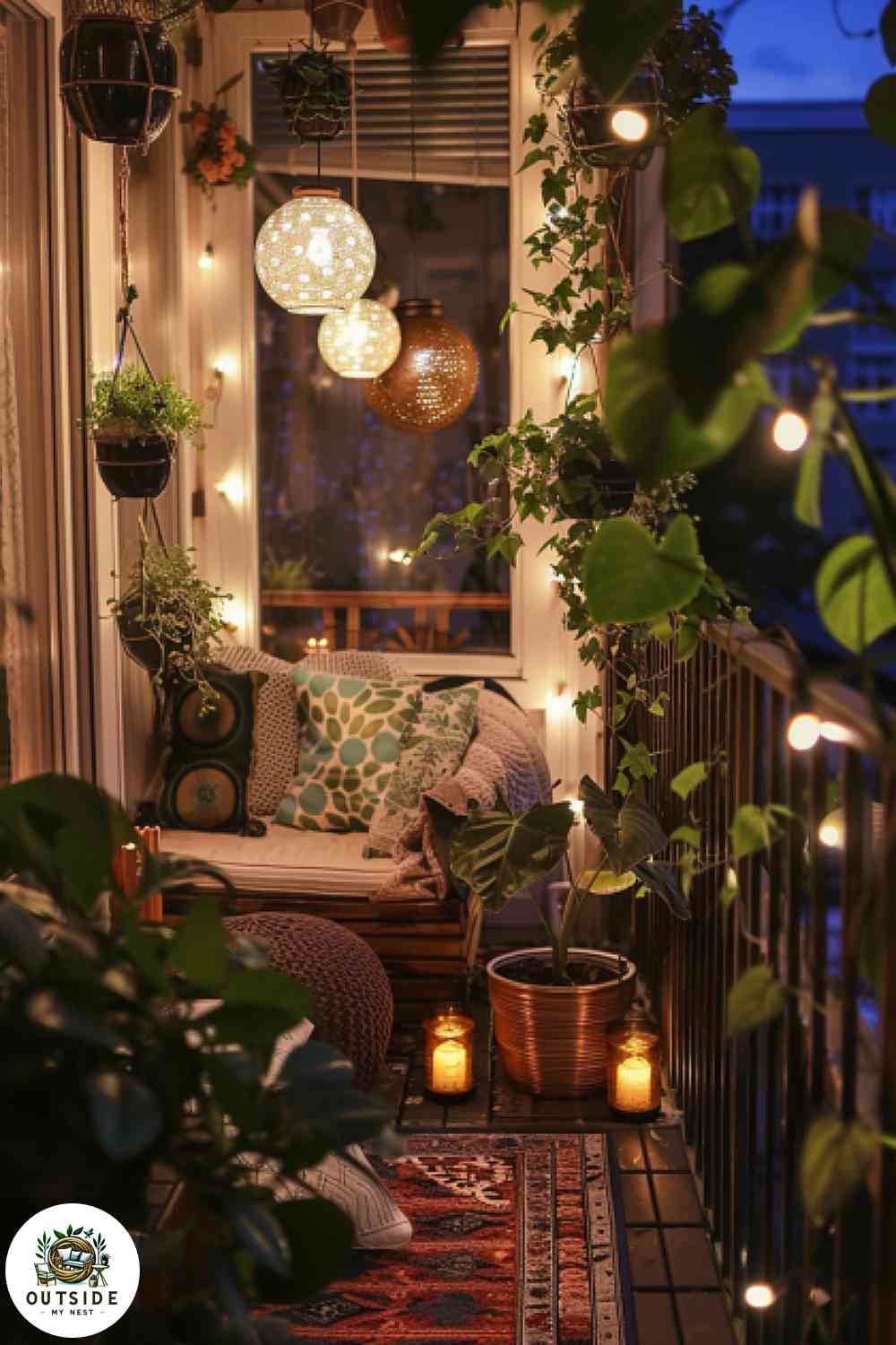 Small balcony illuminated by solar-powered lanterns