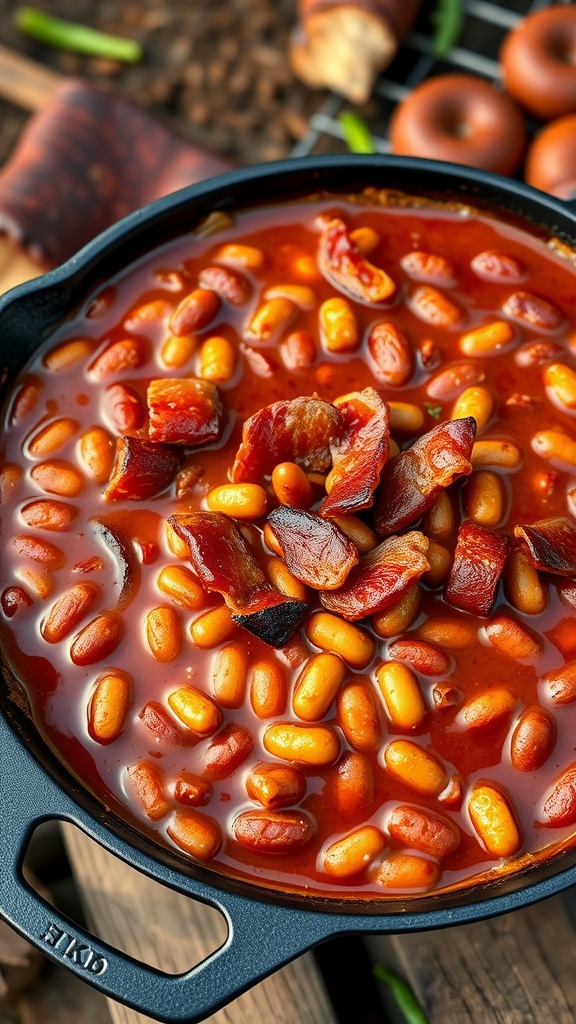 A pot of spicy baked beans with bacon, featuring a rich, red sauce and chunks of crispy bacon on top.