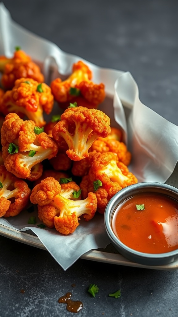 A close-up of spicy cauliflower wings served with a dipping sauce.