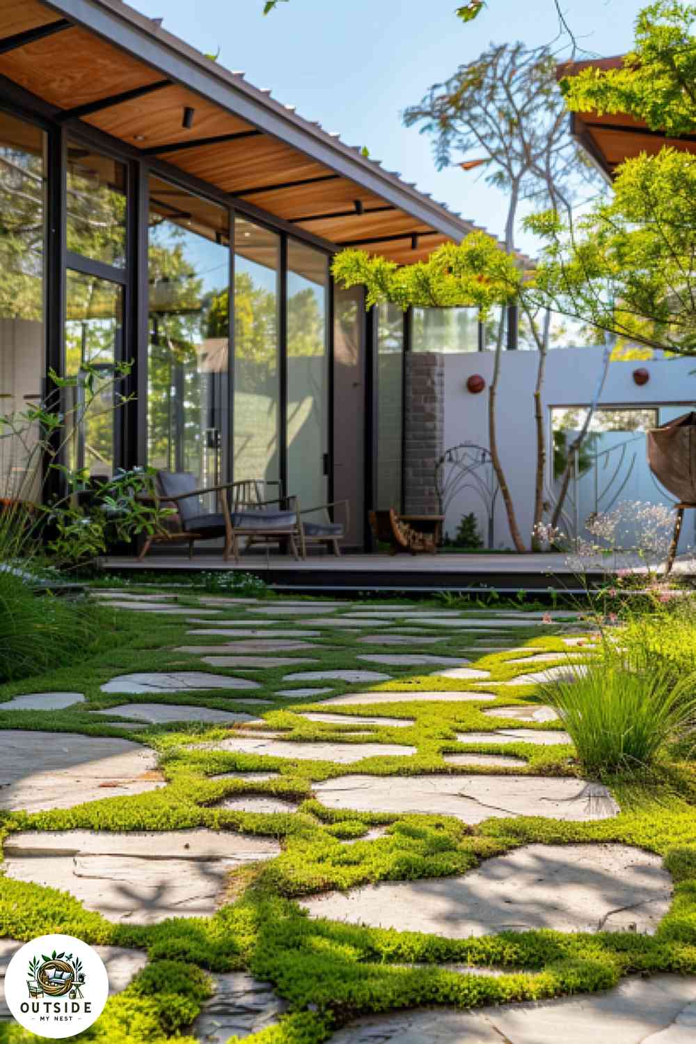 Stepping stones with grass joints in backyard