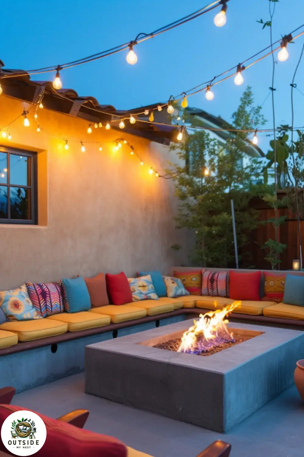 Stucco patio wall with built-in seating and a cozy fire pit under string lights