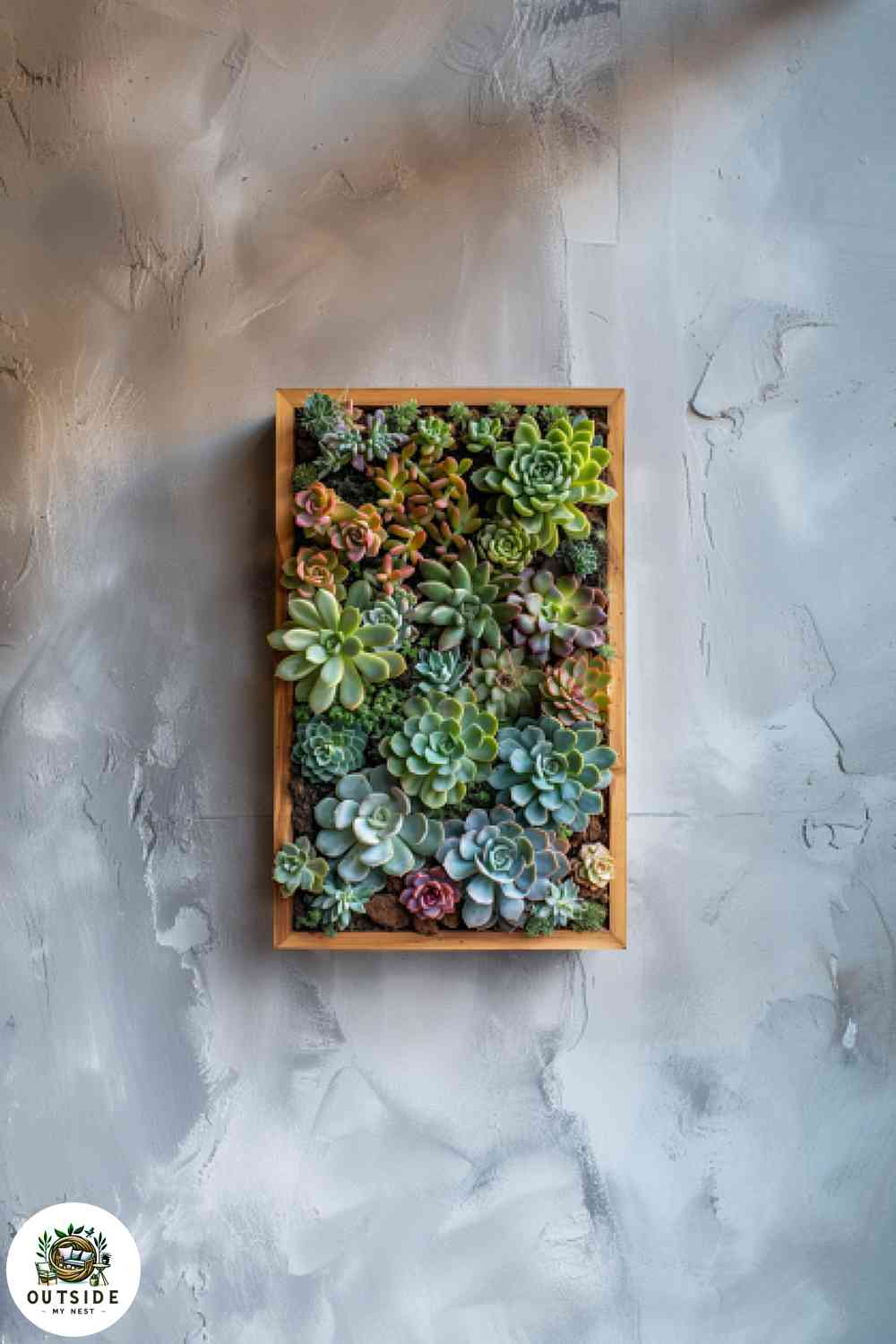 Wall-mounted succulent garden in a wooden frame
