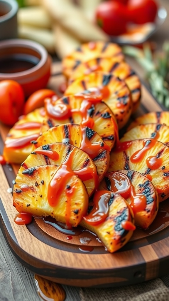 Grilled pineapple rings drizzled with a sweet and spicy sauce.