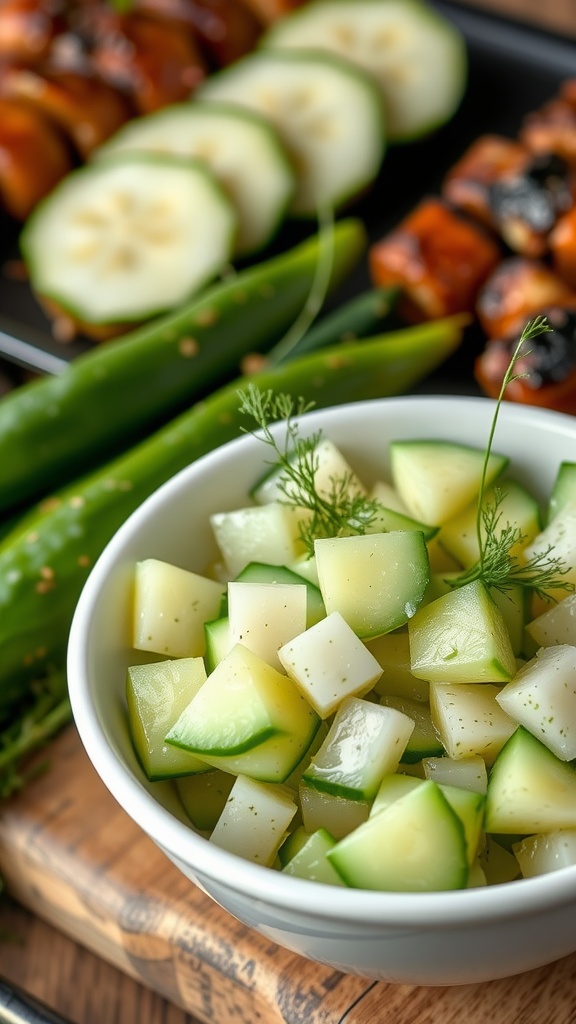 A bowl of tangy cucumber salad with dill, showcasing chopped cucumbers and fresh herbs.