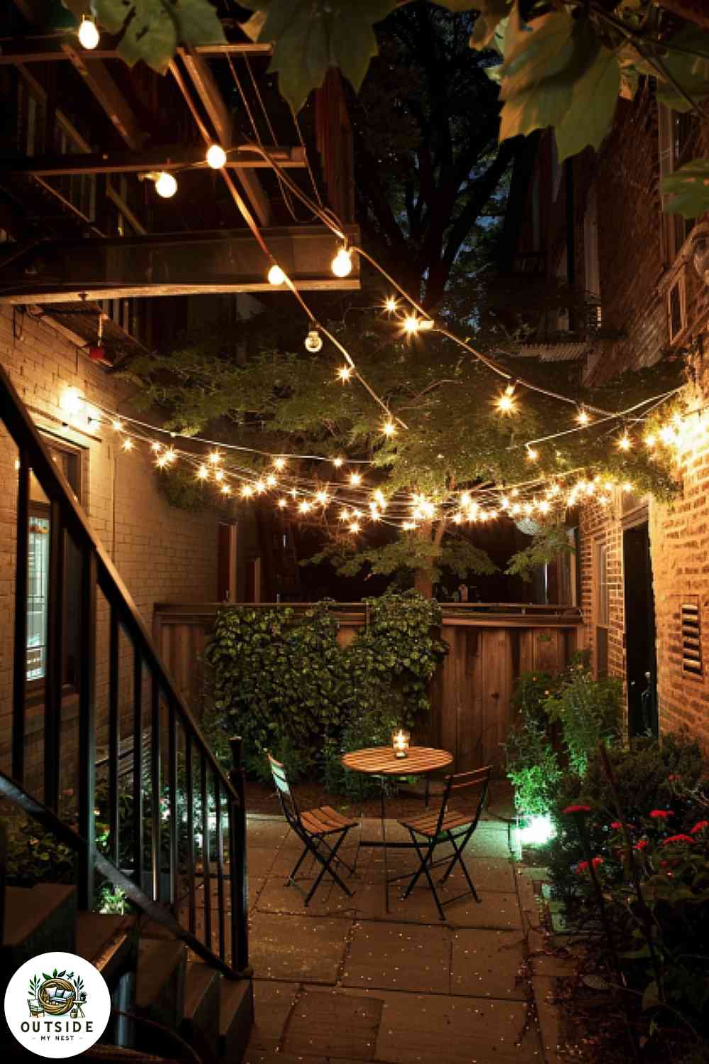 Trellis with fairy lights on apartment patio wall creating a magical ambiance.