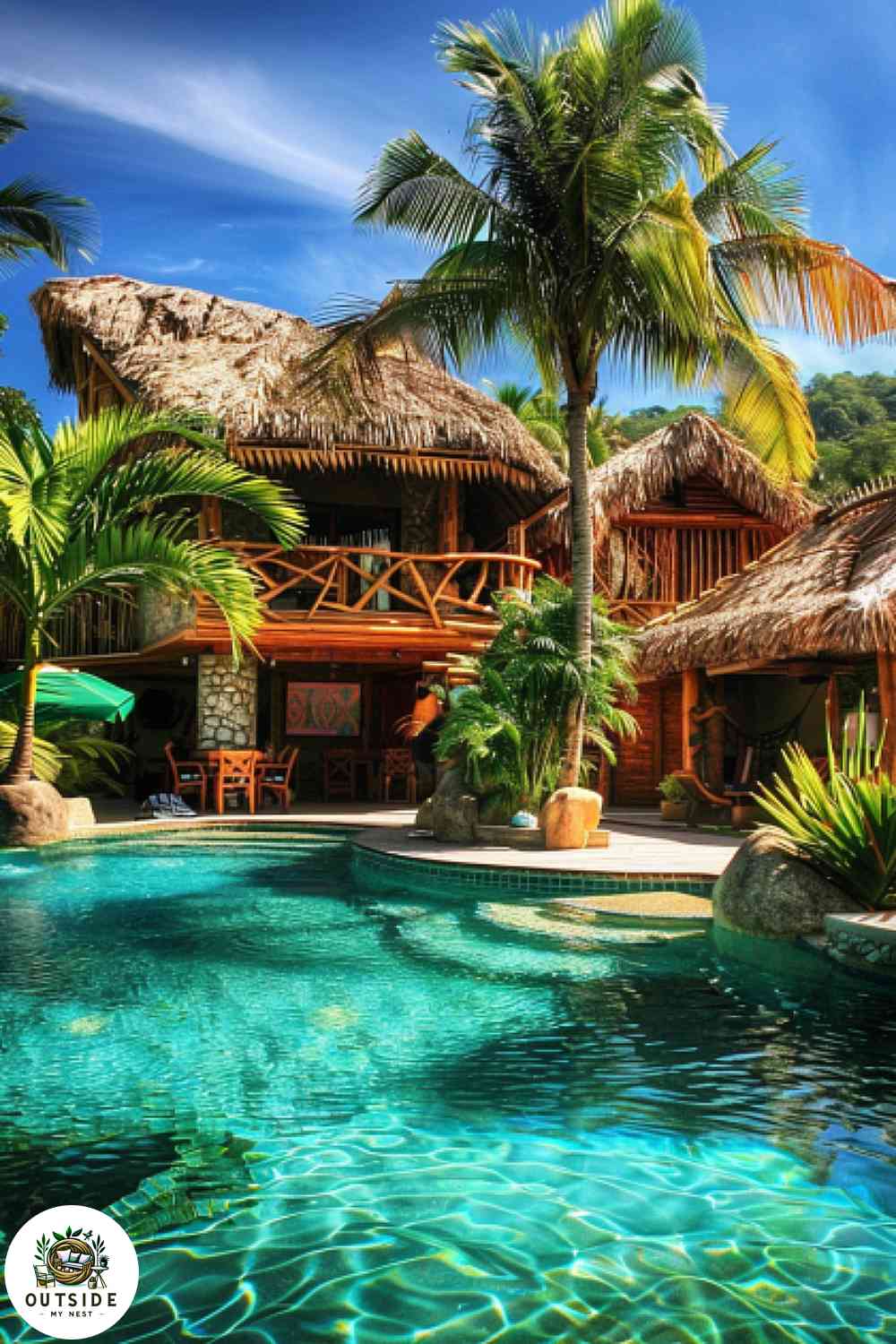 Tropical retreat pool house with palm trees