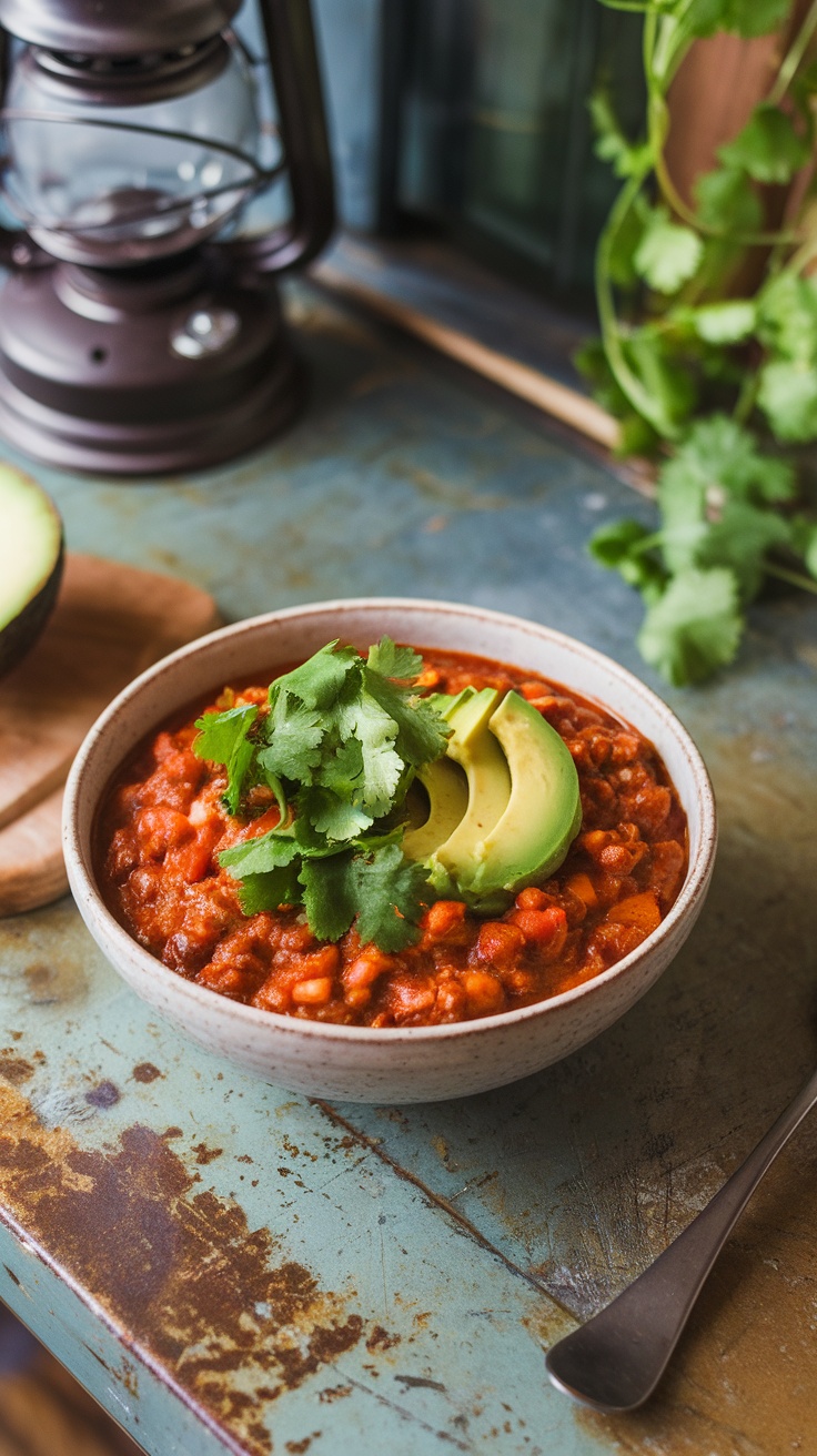 A hearty bowl of vegan BBQ chili garnished with avocado and cilantro.