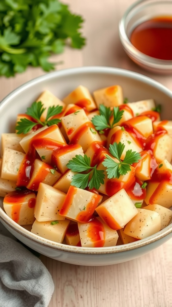 A bowl of vegan potato salad with BBQ dressing, garnished with parsley.