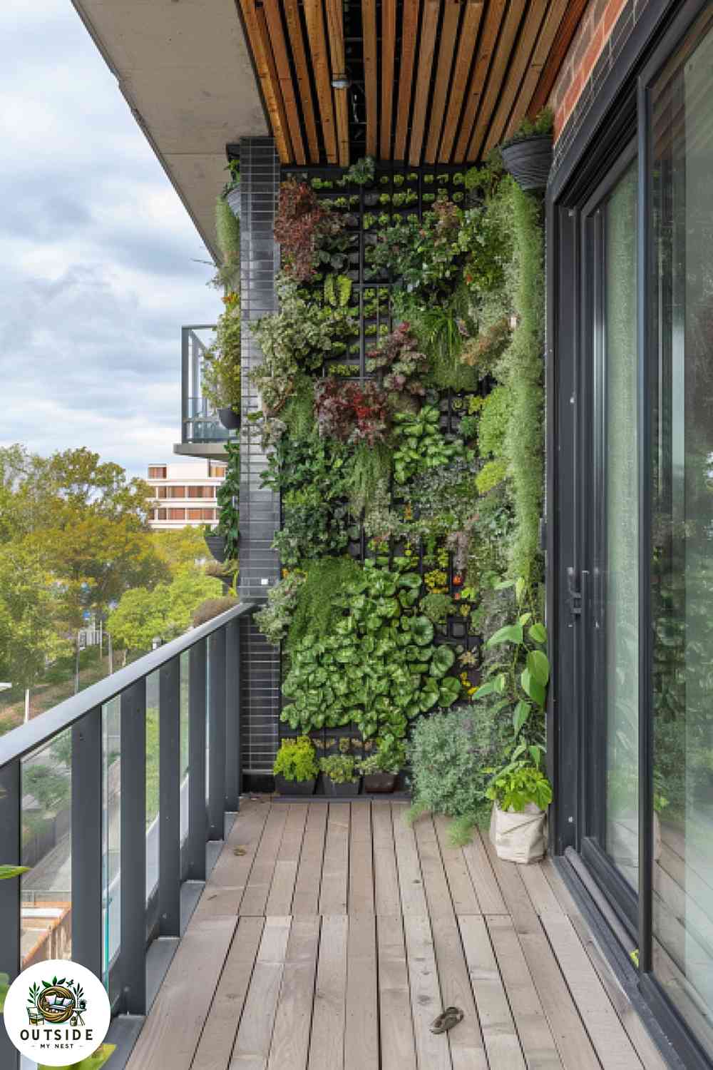 Vertical green wall on an apartment balcony with a mix of plants