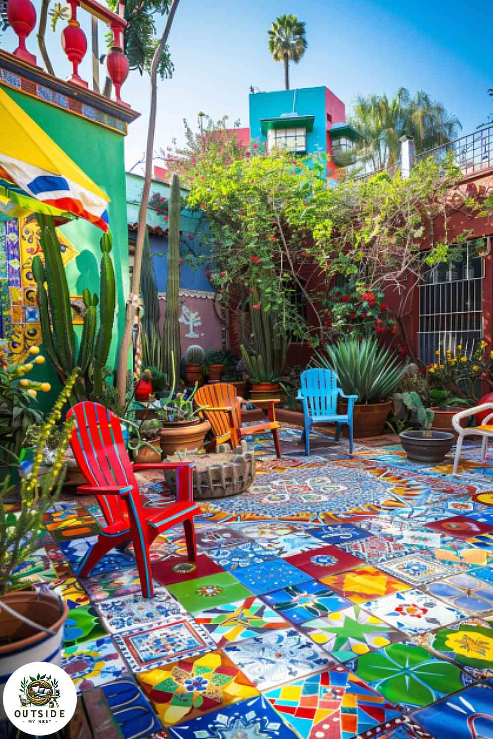 Vibrant Mexican plaza with ceramic tiles
