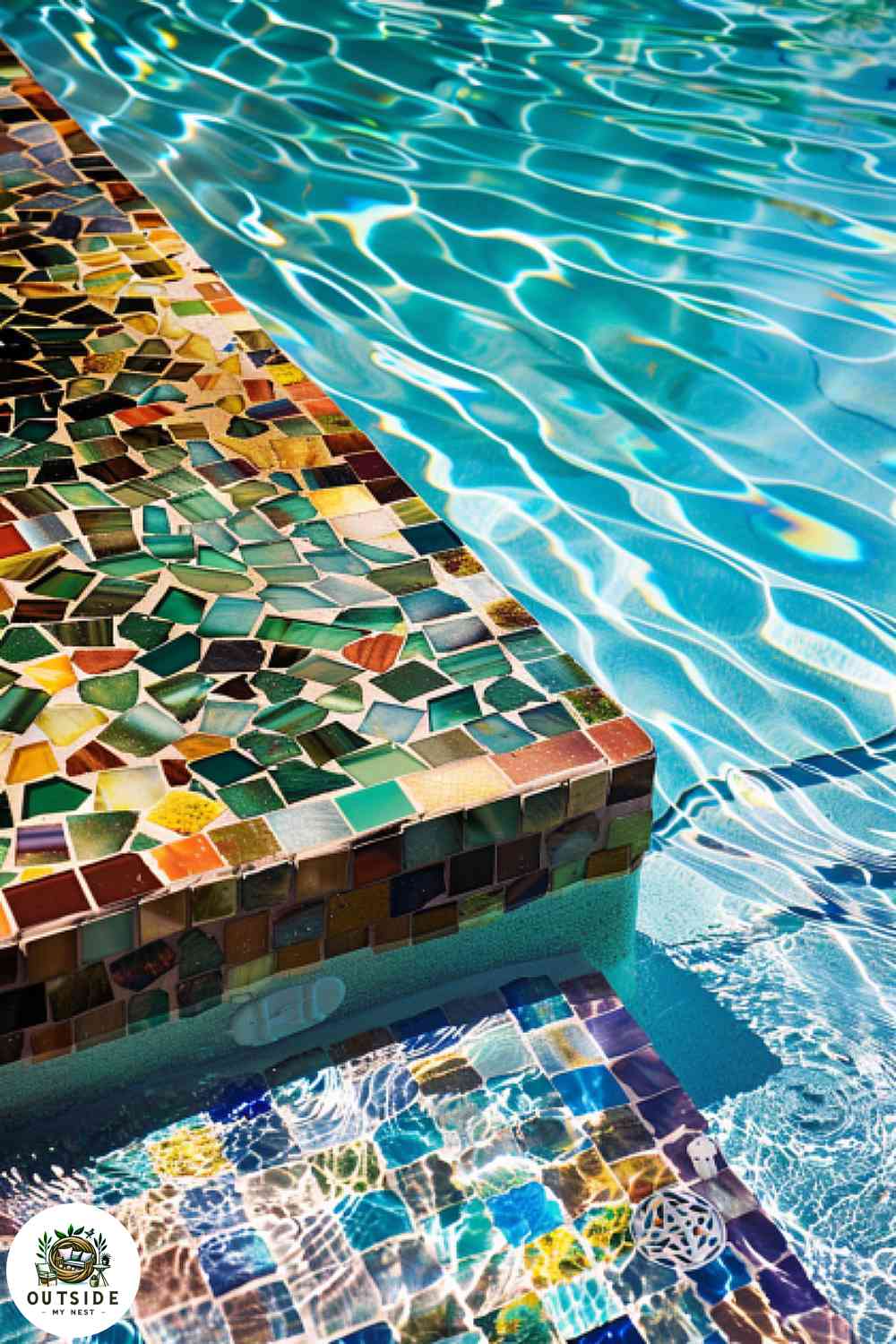 Vibrant mosaic tiles in a swimming pool