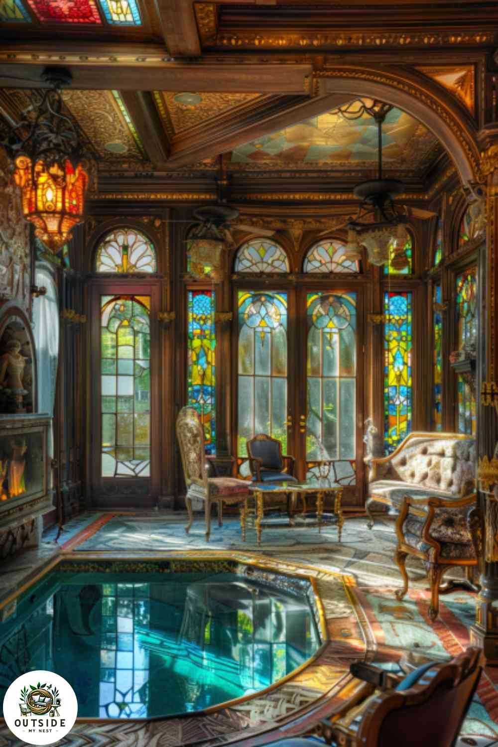 Victorian style pool house with ornate details