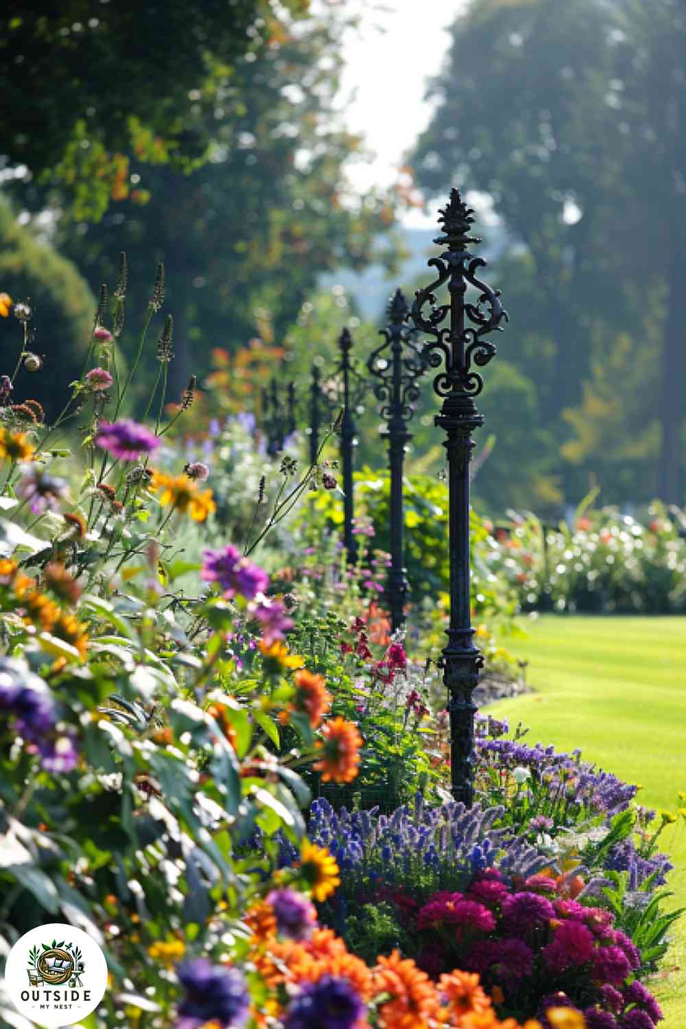 Victorian-inspired flower bed in full sun with ornate supports.