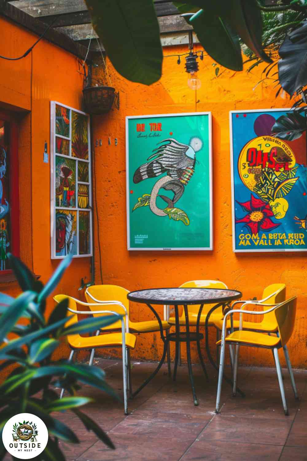 Vintage boho posters on a patio wall