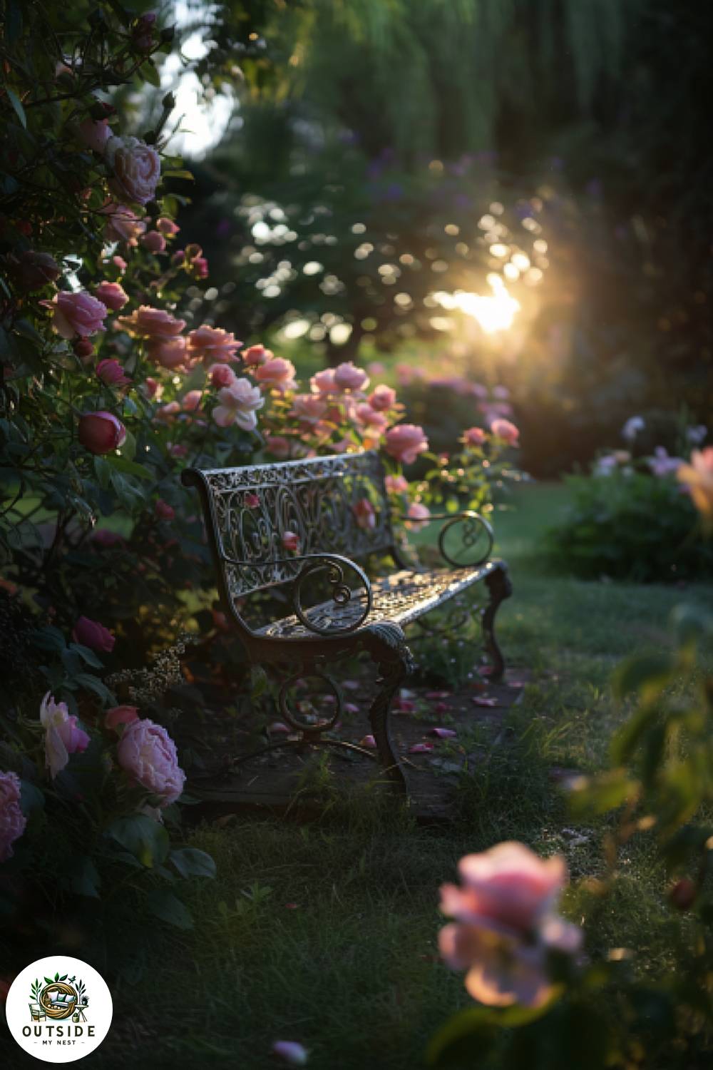 Vintage iron bench among flowers