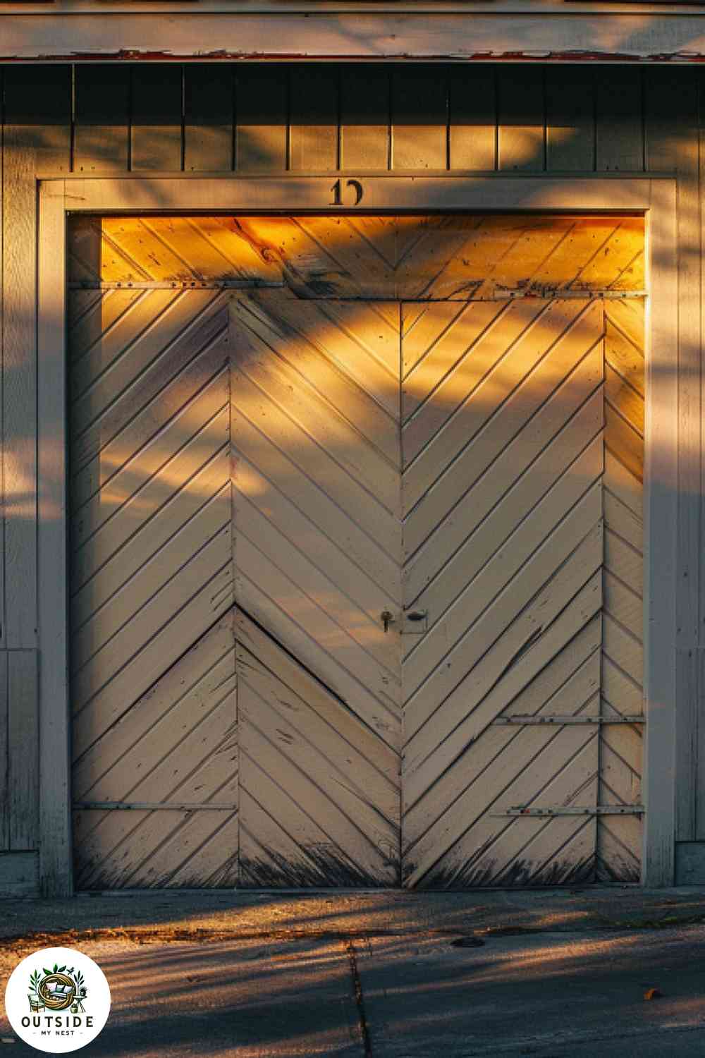 Vintage wood garage door in herringbone pattern