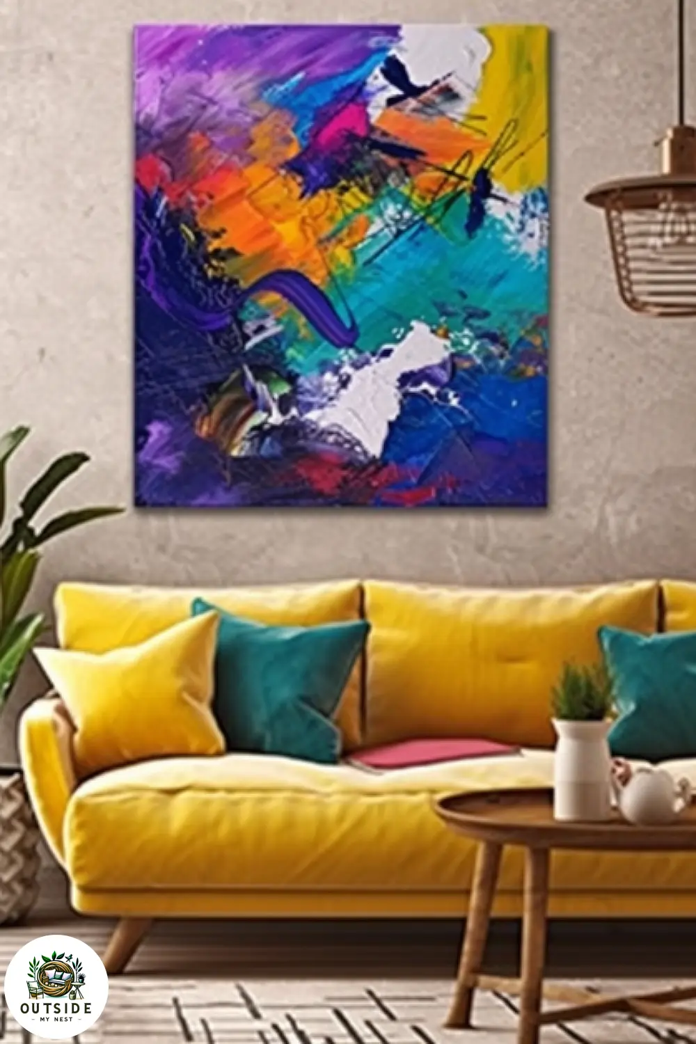 Weatherproof canvas art on apartment patio wall